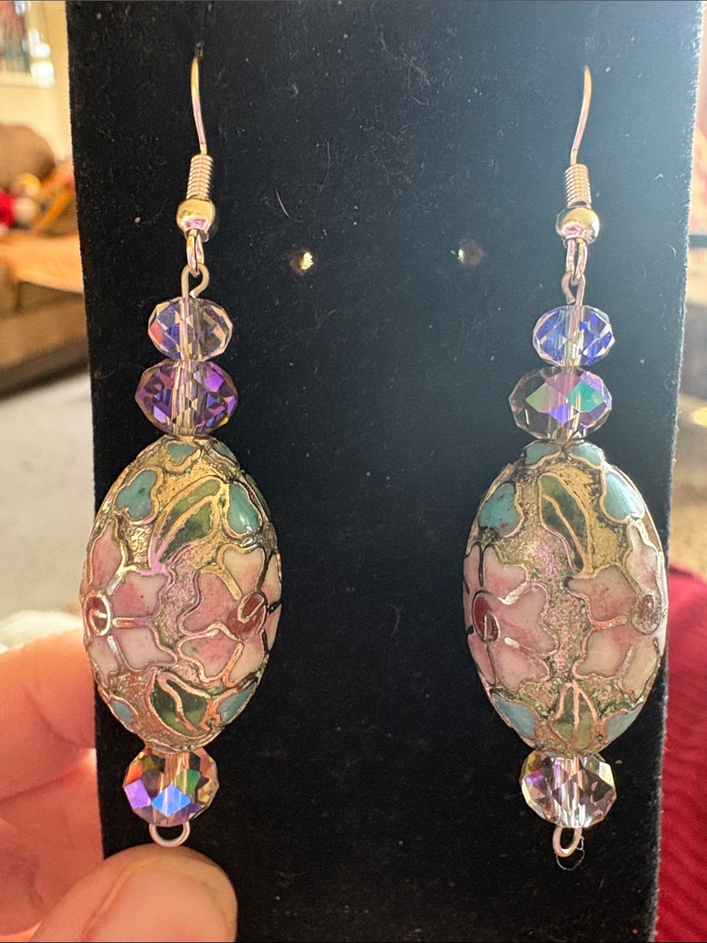 Floral Cloisonné Drop Earrings - Pink & Turquoise with AB Crystals